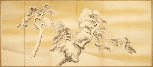 KAWABATA GYOKUSH&Ocirc; (1842-1913) Pair of screens depicting snow on pine trees, ca. 1900 ink and gold on paper 72 x 147 1/2 inches each with mount ; 67 3/4x 140 1/2 inches paintings only Inv# 7184 SOLD