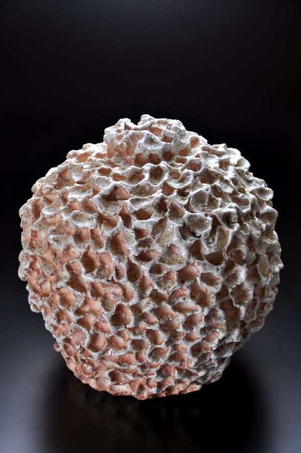 Hoshino Satoru (b. 1945) Globular vessel with irregular-shaped raised mouth, covered with pinched indentations, 2011 Natural ash-glazed wood-fired shigaraki stoneware 17 x 17 x 16 1/2 inches Inv# 7495