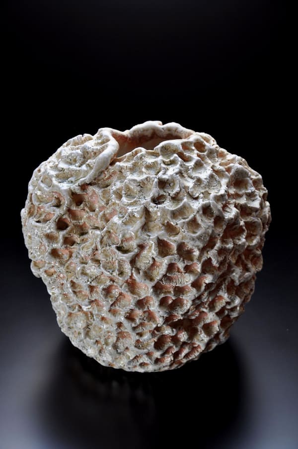 Hoshino Satoru (b. 1945) Lobed wood-fired vessel with torn mouth, covered with pinched indentations, 2011 Natural ash-glazed shigaraki stoneware 15 x 15 3/4 x 15 3/8 inches Inv# 7496