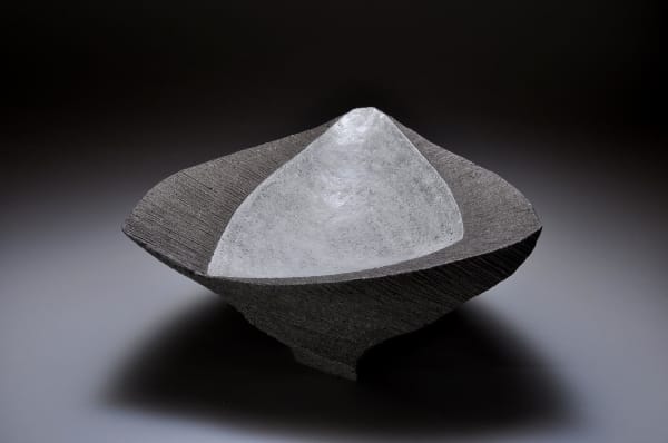 Hoshino Kayoko (b. 1949) Footed standing open-mouthed shallow bowl and straw-rope impressed surface, 2011 Impressed stoneware with silver glaze 7 1/8 x 13 x 13 inches Inv# 7528