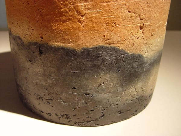 NAGASAWA SETSUKO (b. 1941) Cylindrical geometric form, ca. 2008 Smoke-infused orange terra-cotta clays 8 7/8 x 8 7/8 x 17 1/4 inches Inv# 7588