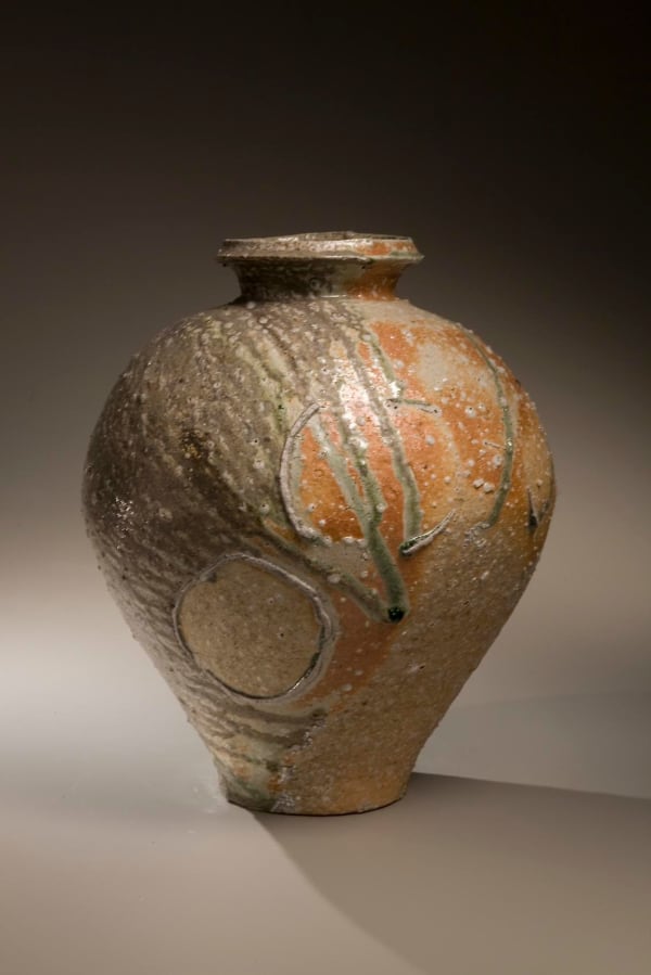 Tsujimura Kai (b. 1976) Vessel with tapered base and natural ash glaze in gray and light green tones, 2008 Stoneware with Natural ash glaze 18 x 13 1/2 in. Inv# 5724