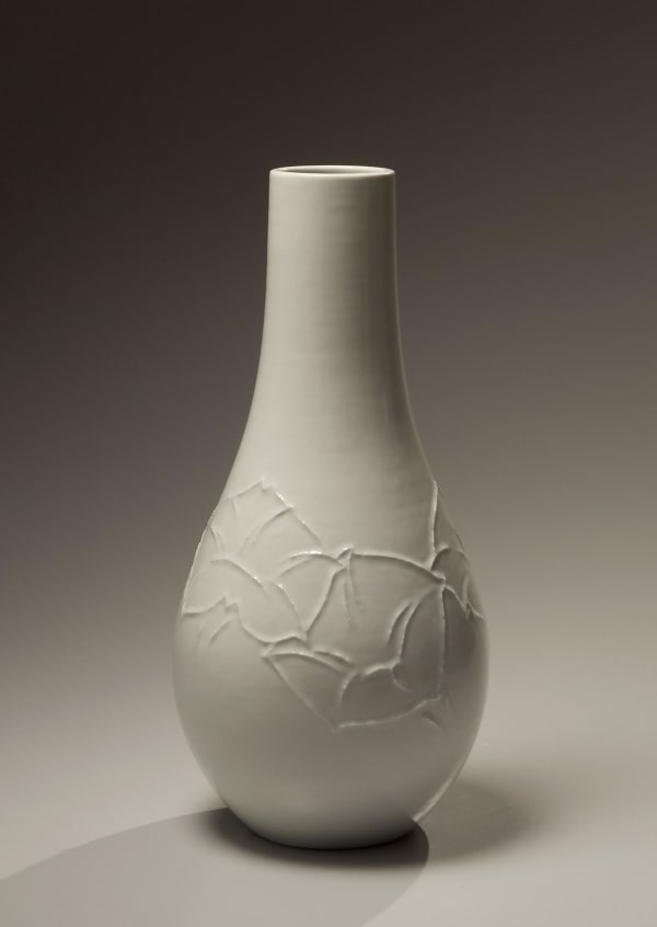 Kusube Yaichi (1897-1984) White-glazed tall vase with 'crane's neck' and raised relief morning glory patterning, ca. 1955 Glazed stoneware 17 x 8 in. Inv# 7677