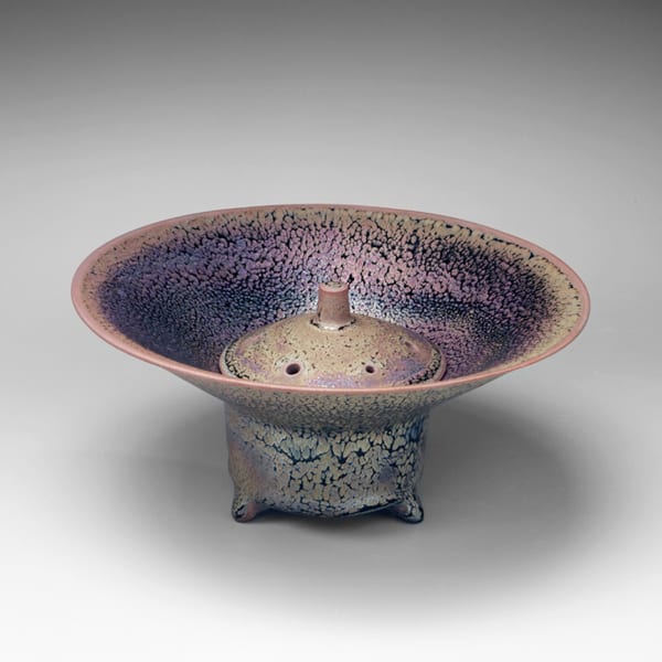 Kamada Koji (b. 1948) Purple tenmoku-glazed incense burner with wide outspread mouth and recessed punctuated cover 2012 Glazed stoneware 3 5/8 x 8 1/8 in. Inv# 7639 SOLD