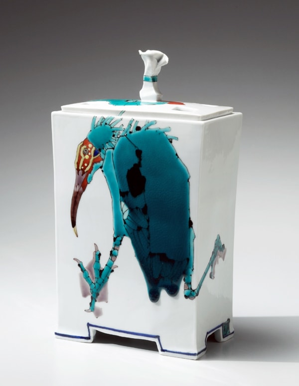 Takegoshi Jun (b. 1948) Rectangular standing incense burner decorated with blue ibis 2012 Porcelain with polychrome kutani enamel glazes 10 3/4 x 5 3/4 x 3 3/4 in. Inv# 7659 SOLD