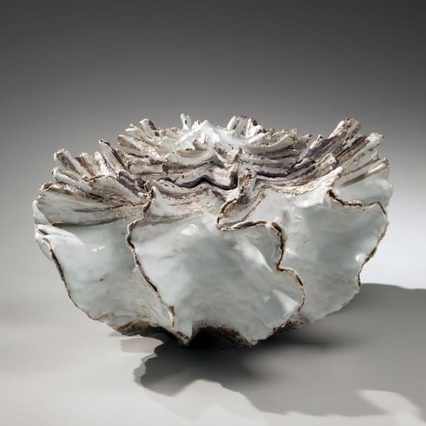 Low pleated shell-shaped covered vessel with streaked top, silver glaze along the flaring edges, white-glazed interior and purple-glazed interior rim 2011 Glazed stoneware with silver glaze 10 5/8 x 16 1/8 x 16 1/8 in. Inv# 8178