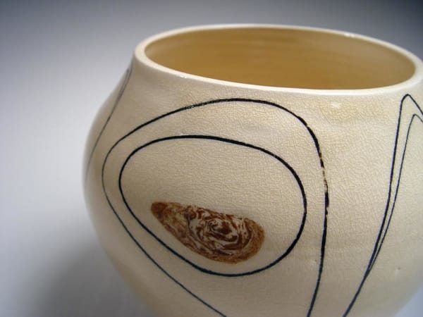 Fujimoto Nôdô (Yoshimichi) (1919-1992) Sodeisha-style vessel with creamy-white glaze and abstract black and brown inlaid patterning, ca. 1965 Glazed stoneware 8 x 9 7/8 in. Inv# 8139