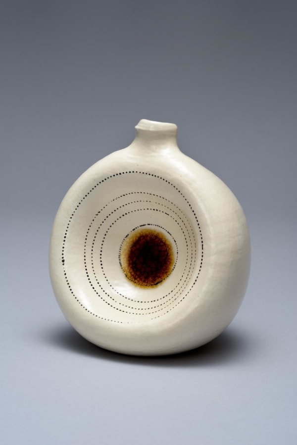 Yagi Kazuo (1918-1979) Concave mold cast white glazed vase with center amber glass-glazed pool, Ou-tsubo, ca. 1958 Glazed Stoneware 6 1/4 x 4 5/8 x 5 5/8 in. Inv# 8494
