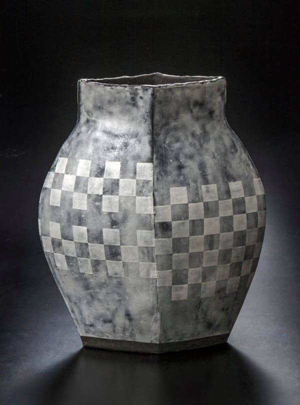 Miyashita Hideko (b. 1944) Four-sided flattened baluster-shaped vessel with brush-applied and tape-masked white slip in checkerboard patterning with translucent overglaze, 2013 Dark gray stoneware with clay-slip and translucent overglaze 15 1/2 x 13 1/8 x 8 1/8 in. Inv# 8514