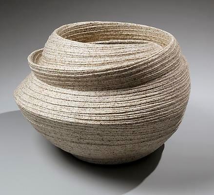 Round swirling double-walled vessel with diagonally incised cascading folds, 2013 Stoneware with sand glaze 9 1/2 x 13 3/4 x 13 1/8 in. Inv# 8526 SOLD