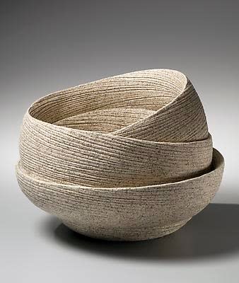 Round banded double-walled vessel with incised linear design on cascading folds, 2012 Stoneware with sand glaze 11 x 16 x 15 1/4 in. Inv# 8528 SOLD