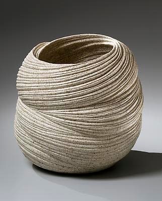Swirling double-walled banded vertical vessel with diagonally incised linear patterning, 2013 Stoneware with sand glaze 14 x 14 x 14 1/8 in. Inv# 8532 SOLD