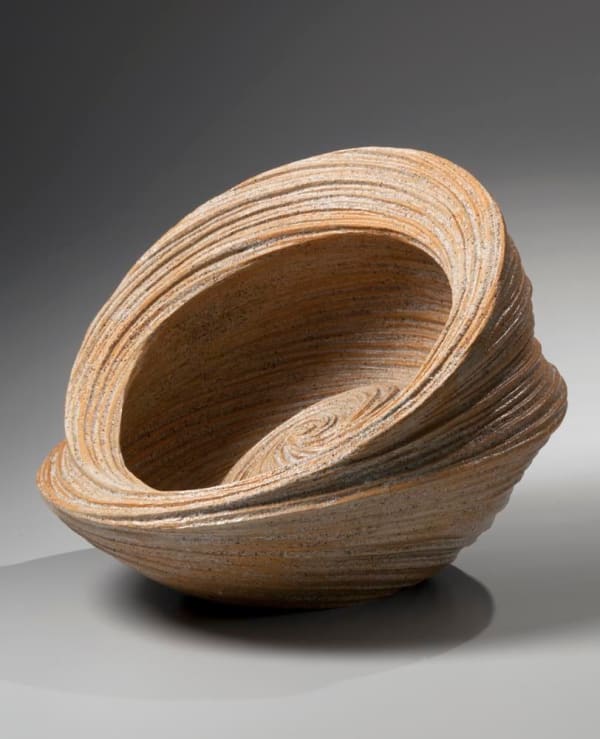 Round wide-mouthed double-walled swirling vessel with slanted side and incised linear patterning, 2013 Stoneware with sand glaze 12 x 15 1/8 x 15 3/8 in. Inv# 8534 SOLD