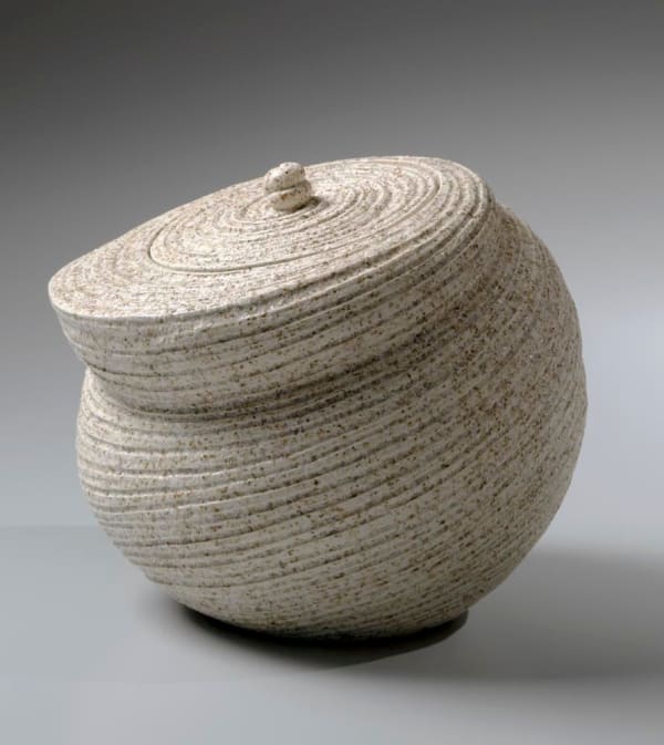 Carved partially double-walled water jar with diagonally carved linear patterning, 2013 Stoneware with sand glaze 6 1/2 x 8 x 7 3/8 in. Inv# 8548 SOLD