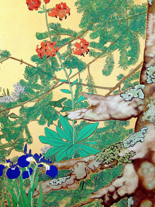 Minakami Taisei (1877-1951) Plants trees and flowers of early to late summer ca. 1910 Pair of six-fold screens; Ink and color on silk with gold wash 148 x 67 1/2 in. (each screen); 24 1/2 x 66 in. (each panel) SOLD