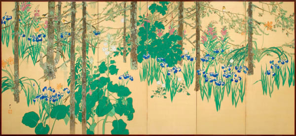 Minakami Taisei (1877-1951) Plants trees and flowers of early to late summer ca. 1910 Pair of six-fold screens; Ink and color on silk with gold wash 148 x 67 1/2 in. (each screen); 24 1/2 x 66 in. (each panel) SOLD