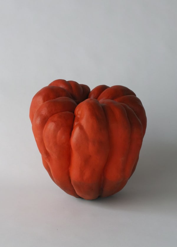Sculpture in the form of a pumpkin with matte glazes in red and black 2015 Stoneware with colored slip glazes 11 1/2 x 11 1/2 x 13 inches Inv# 9138 SOLD
