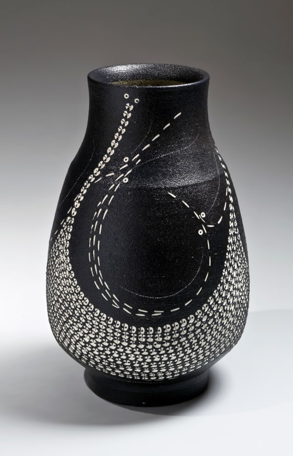 Kondō Yutaka (1932-1983) Black-glazed vase with stamped and white slip inlay rouletted patterning 1981 15 1/4 x 10 in. Inv# 9306 SOLD