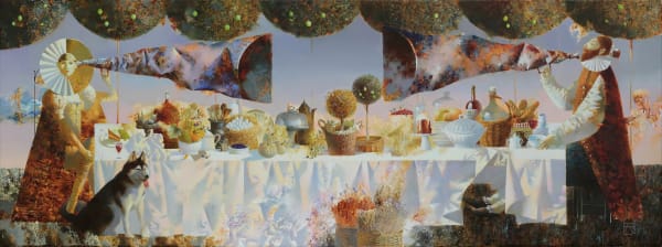 Anna Berezoskaya ​Difficult Conversation 45 x 110 cm Oil on canvas