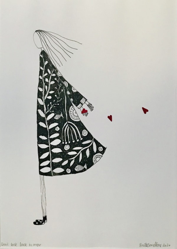 Bente Sandtorv Don't look back in anger, 2020 pen and ink with collage 30x20cm. signed and dated 'Bente Sandtorv 2020', SOLD