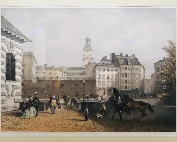 Carl Johan Billmark Mynttorget, Stockholm, c.1860 colour lithograph 44x54cm. Printer Lemercier & Cie, Paris. signed 'C.J.Billmark' lower right.