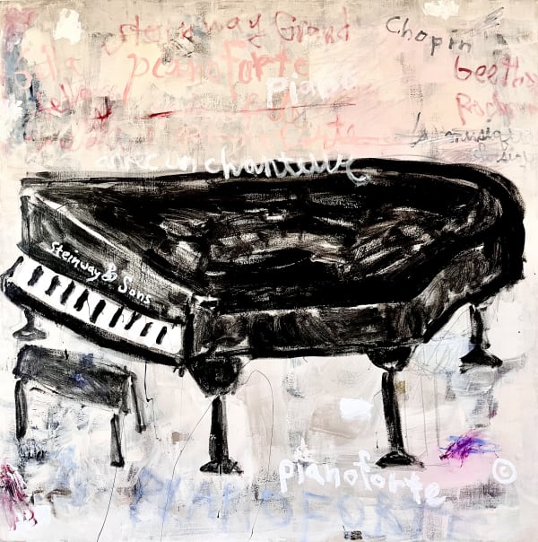 Black Piano, Acrylic, crayon, oil stick and spray on canvas, 48 x 48", 2023.