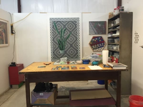 Devon Nowlin’s workspace at Grand Studio is — like all of the spaces here — unlike what Hollywood thinks artist studio’s are supposed to look like. Photo by Christopher Blay.