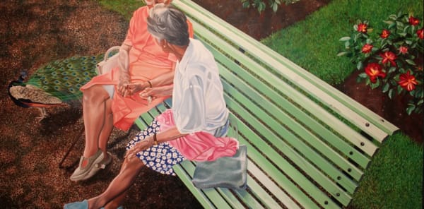 Nancy Lamb, Ladies On A Bench, Oil on Canvas