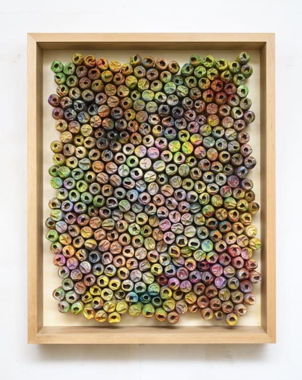 CRISTIANO PETRUCCI OLTREUMANO 2023 HANDCRAFTED AND FLAME SCULPTED PING PONG BALLS WITH VIBRANT PAINT AND CERAMIC COATING 100 X 80 CM PHOTO CREDIT GIORGIO BENNI COURTESY CRIS CONTINI CONTEMPORARY