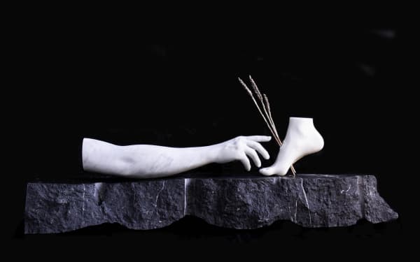 Michelangelo Galliani e Marika Ricchi, Come seme che muore, 2024, marmo bianco di Carrara, marmo nero Marquinia, bronzo, cm 112x28x50