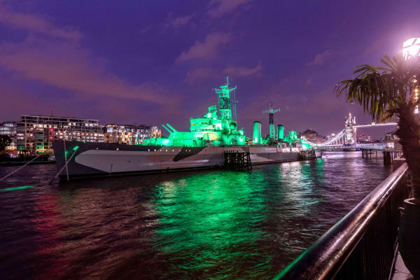 HMS Belfast turned green and posted on social media in support the Art For Your World campaign on the 5th November 2021.