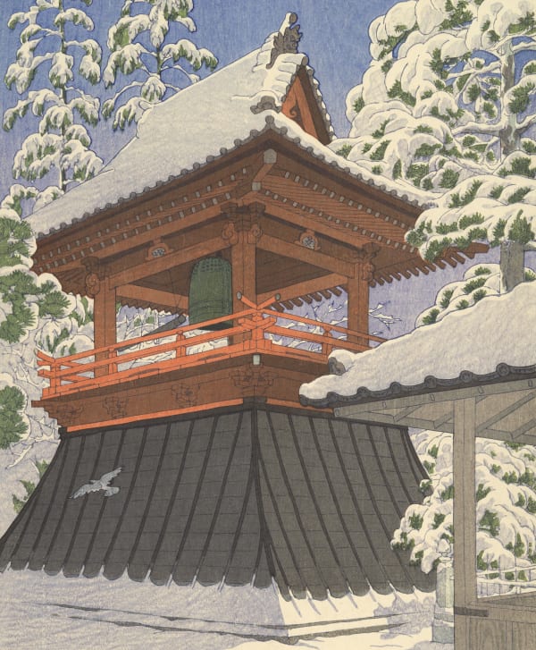 (image detail) Kasamatsu Shiro, 'Gokokuji Temple Bell Tower (Clear Weather after Snow)', woodblock print, 1933