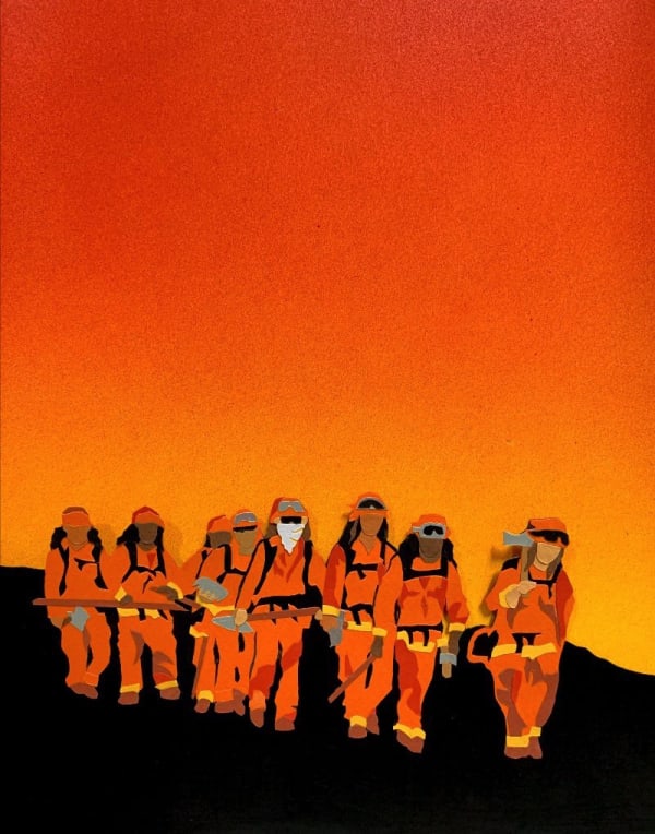 Francesca Gabbiani, "Inmates Saving Our Lives (Women Inmate Firefighters)", (Detail), 2020, Acrylic, gouache, and colored paper on paper, 19 1/2 x 17 3/4 inches