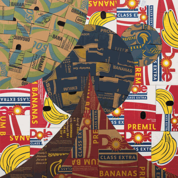 Cosmic Mediation No.5, 2014, archivally treated banana boxes and enamel on linen, 80 x 80 cm, 31.5 x 31.5 inches