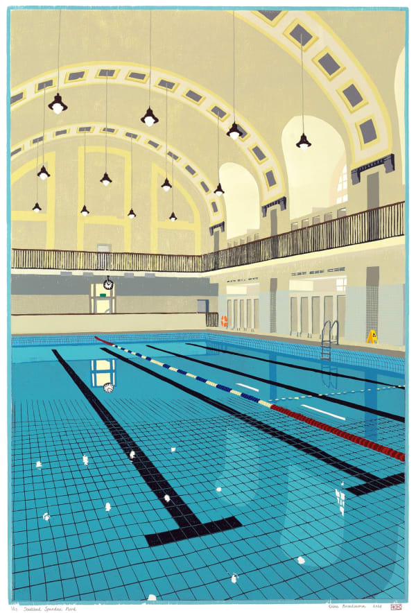 Eline Brontsema Stadtbad Spandau Nord woodcut on paper
