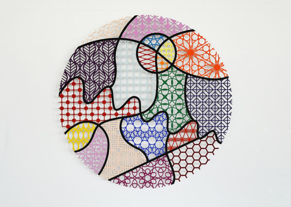 Pattern Kinship, forest trails spring, 2022 waterjet cut aluminum, acrylic paint ø 100 cm, d 0.6 cm