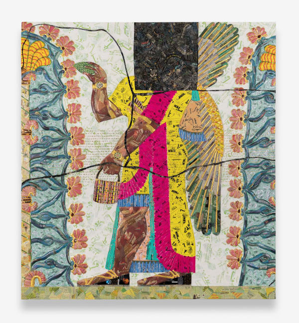 The invisible enemy should not exist (Northwest Palace of Kalhu, Room S, Panel S-10), 2023, Arabic-English newspapers, food packaging, cardboard relief sculptures on wood panel, museum labels, 224.6 x 203 x 9 cm