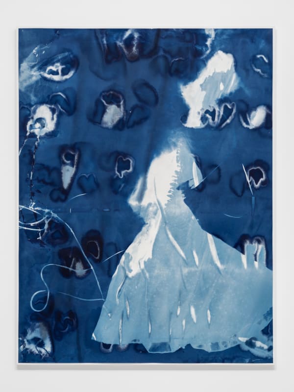 Ulla von Brandenburg, Dress, Ribbon, 2025, cyanotype on paper, 159 x 121 cm. Photograph by Jeon Byung Cheol, image courtesy of Barakat Contemporary