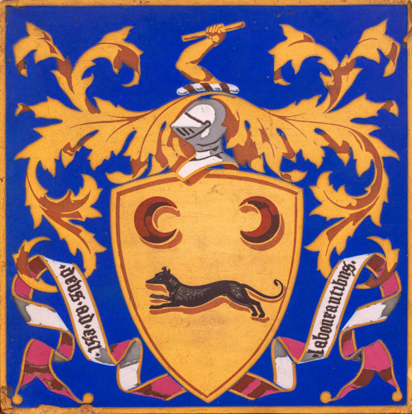 Minton & Co., A large encaustic tile decorated with a crest with motto DEUS AD EST LABOURANTIBUS, circa 1860