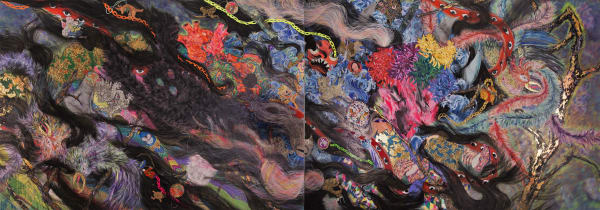 Mother, 2014 Acrylic, gold leaf, rice paper and other mixed media on canvas 2 panels, 121.9 x 365.8 cm; (48 x 144 in.)