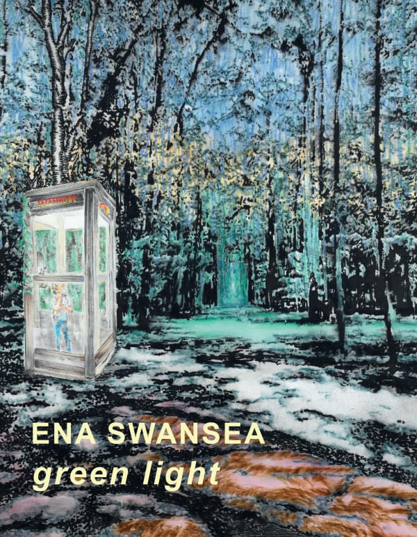 Cover of an Ena Swansea catalogue titled 'green light' depicting a telephone box in a clearing of a forest 