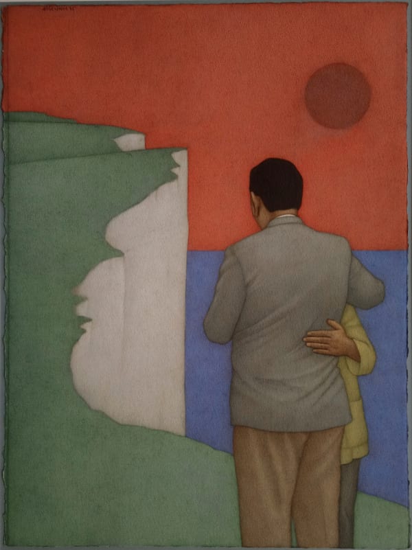 A south asian couple embracing stand looking at the white cliff of dover