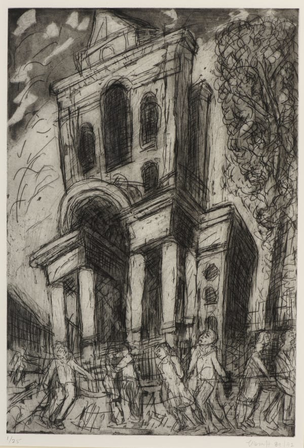 Leon Kossoff (1926 - 2019), Christ Church, Spitalfields, Spring. Etching and aquatint on paper, 1992 Image Discussion sheet Practical acitivity sheet see other work by this artist here