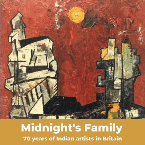 cover for the midnight's family press release with a townscape against a red sky