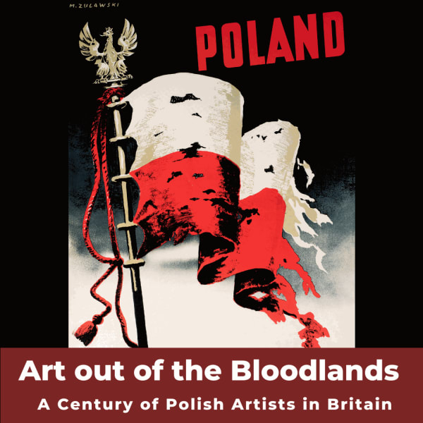 cover for art out of the bloodlands press release, with a war-thorn polish flag