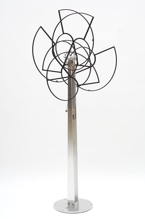Pedro S. de Movellán Entropy, 2006 Brushed aluminum, powder coated aluminum, stainless steel, and brass Maximum height: 67 inches Maximum swing: 35 inches Approximately 7 minutes running time