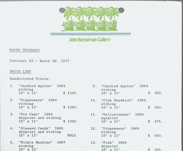 Price list from Wayne Thiebaud's exhibition at John Berggruen Gallery, 1977