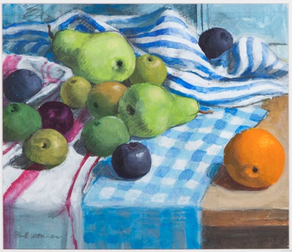 Paul Wonner Fruit and Kitchen Towels (small #3), 2000-01 Acrylic and charcoal on paper 10 x 11 1/4 inches 25.4 x 28.6 cm