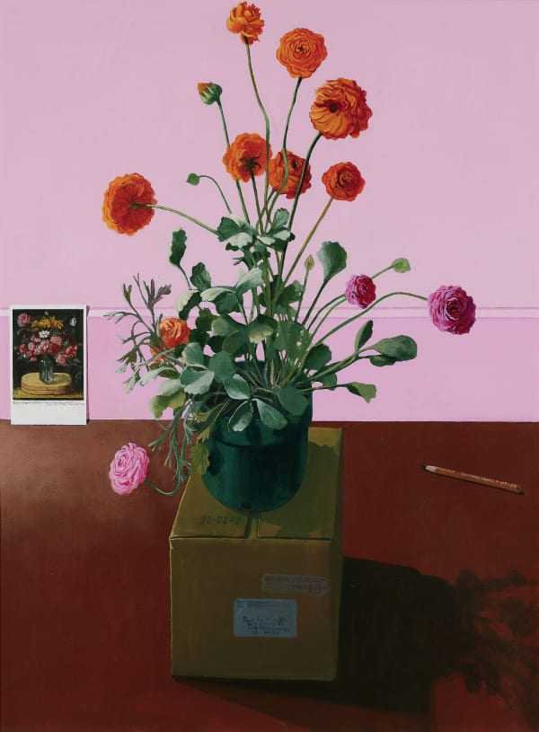 Paul Wonner Study for Still Life with Pot of Ranunculas on a Carton, 1981 Acrylic on paper 37 1/2 x 27 1/2 inches 95.2 x 69.8 cm