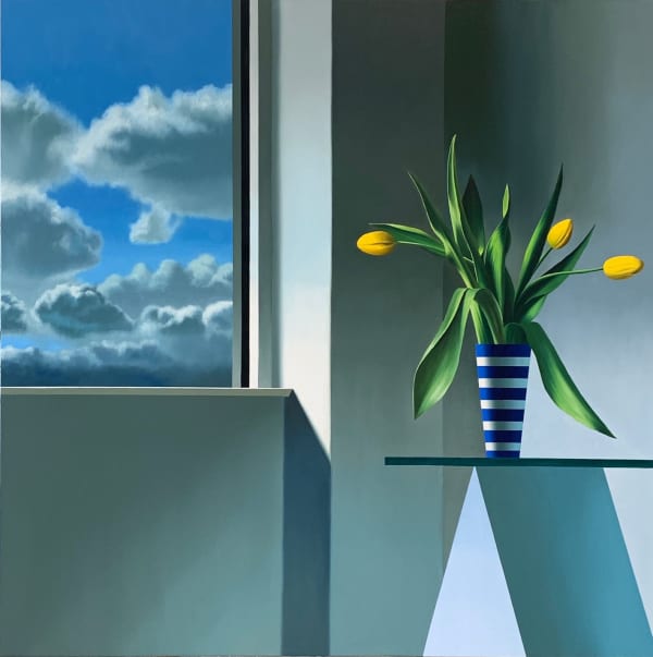 Bruce Cohen, b. 1953 Interior with Yellow Tulips and Clouds, 2020 Oil on canvas 38 x 38 inches 96.5 x 96.5 cm